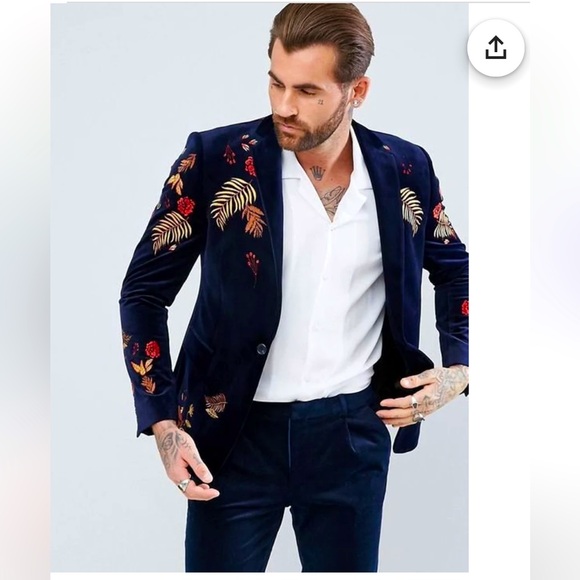 ASOS Other - ASOS Men 2pc Blue Velvet Suit Personalized Floral Embroidered Lapel Designer